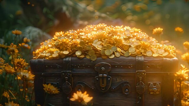 locked treasure chest, discovery of an old chest surrounded by flowers