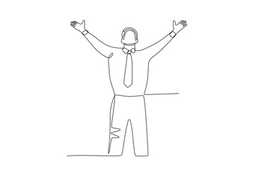 Very happy business man stretching hands.Business success one-line drawing