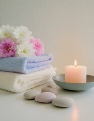 Obraz na płótnie Canvas A tranquil spa corner where a gently scented candle burns beside a stack of fluffy towels, a bowl of floating flowers, and smooth pebbles, creating a sanctuary for relaxation.