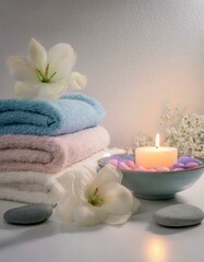 Obraz na płótnie Canvas A tranquil spa corner where a gently scented candle burns beside a stack of fluffy towels, a bowl of floating flowers, and smooth pebbles, creating a sanctuary for relaxation.
