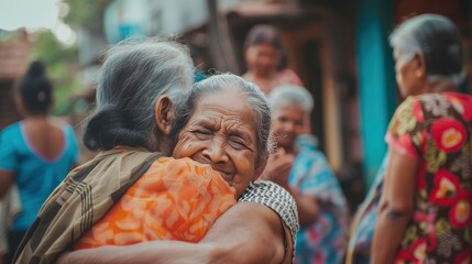 A dry woman hugs and serves the elderly women of the old age home  - obrazy, fototapety, plakaty