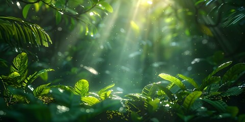 Fototapeta na wymiar Sunlight Filtering Through the Canopy of a Lush Tropical Forest. Concept Nature Photography, Tropical Forests, Sunlight Effects, Outdoor Landscapes