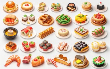 many biscuits, cakes cookies on a white background