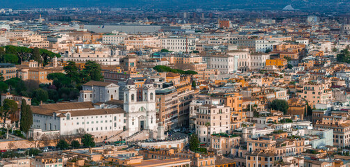 Aerial view of Rome, Italy, at dawn or dusk. Piazza di Spagna in Rome, italy. Spanish steps in...