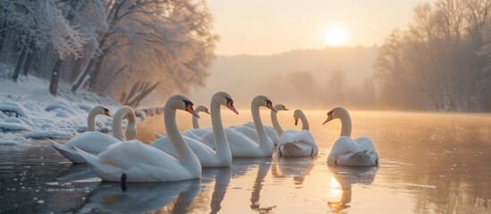 White swans gather on the lake looking for food. selective focus - obrazy, fototapety, plakaty