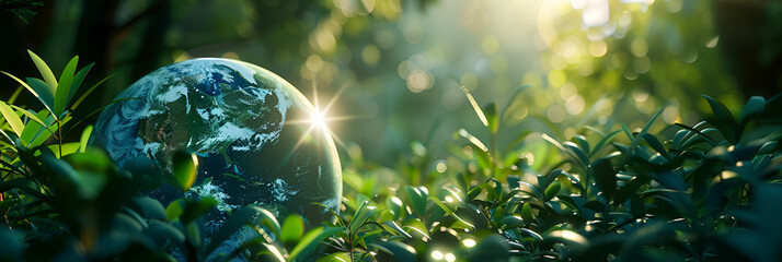 Crystal globe with sustainable development ,for World sustainable environment on the greenery with shiny background
