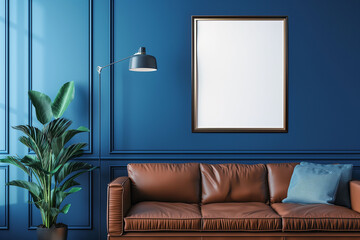 A chic interior with a brown leather sofa, vibrant blue walls, an elegant floor lamp, and a large blank picture frame awaiting artwork