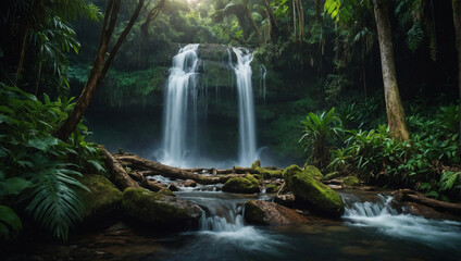 A cascading waterfall hidden deep within a lush jungle.