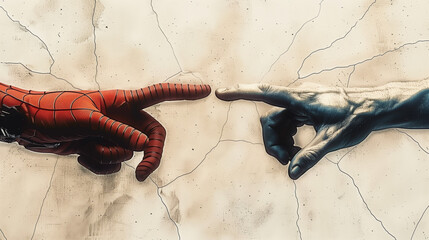 Creative illustration of two gloved hands, stylized in the manner of superhero costumes, pointing towards each other on a sepia parchment  backround. - obrazy, fototapety, plakaty