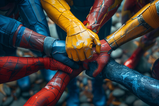 Diverse group of hands, in different superhero costumes, coming together in unity, teamwork and solidarity. The power of unity and the strength that comes from people with different abilities.