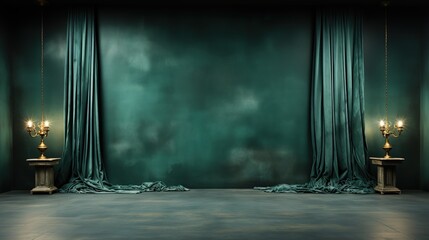 Green wall and curtains with copy space for text. Empty room with green curtains. Empty wall. - obrazy, fototapety, plakaty