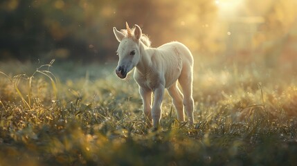 Translucent unicorn foal, first light, ground level, innocent charm style , advertising style - obrazy, fototapety, plakaty