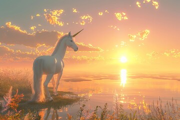 Unicorn beside translucent lake, sunrise, side angle, peaceful nature style , 8K render - obrazy, fototapety, plakaty