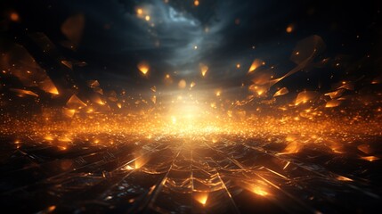 Futuristic transparent space glowing with fiery light. Golden explosion. Wallpaper design.