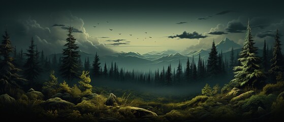 Forest with pine trees. Dark woods. Pine tree forest. Forest landscape. Mountain landscape. - obrazy, fototapety, plakaty