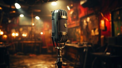 Modern professional microphone in recording studio. Closeup image of microphone in studio.