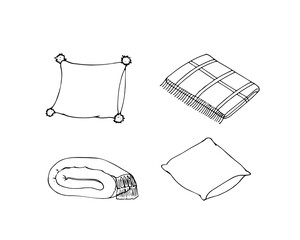 Cozy home icons set, pillows and blankets, plaid blanket, soft pillow. Hand-drawn illustration isolated on white.