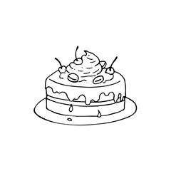 Hand-drawn cake illustration. Doodle style dessert. Cake with cherries and cream.