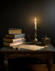 An antique desk cluttered with books and parchments, illuminated by a wax-dripping candle in an old brass holder, evoking the charm of late-night studies or writings.