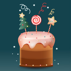 Vector image of a festive New Year's cake decorated with lollipops
