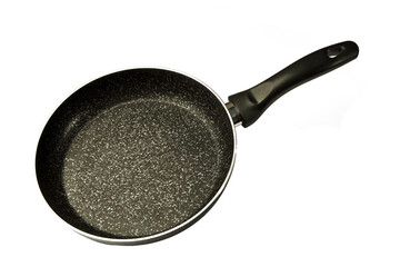 Metal Frying Pan:On a white, wooden insulated background. A place for the text.Ceramic coating with non-stick coating: Kitchen utensils;Cooking for chefs in the kitchen.