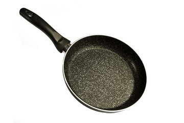 Metal Frying Pan:On a white, wooden insulated background. A place for the text.Ceramic coating with non-stick coating: Kitchen utensils;Cooking for chefs in the kitchen.