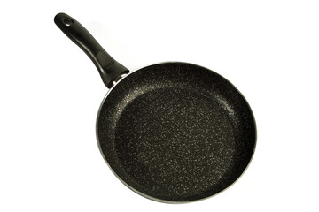 Metal Frying Pan:On a white, wooden insulated background. A place for the text.Ceramic coating with non-stick coating: Kitchen utensils;Cooking for chefs in the kitchen.