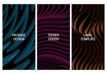 Set of vertical abstract volumetric backgrounds with 3D distorted stripes. Good for packaging design in hi-tech style