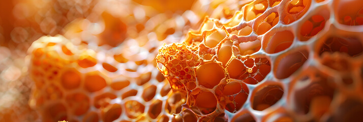 Closeup of hexagonal honeycomb cells with honey, Honeycomb Structure Close-Up: Hexagonal Cells with Honey - obrazy, fototapety, plakaty