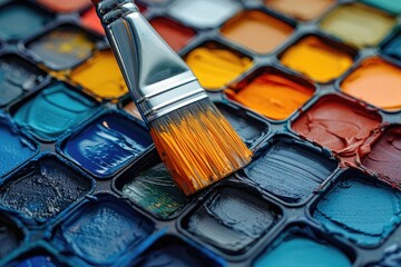 A house paint brush dipping into colour paint box professional photography