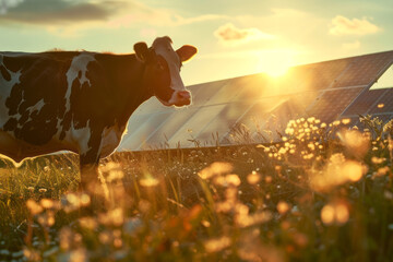 Cow in a meadow with flowers and green grass and photovoltaic panels in the background with a sunset in the background with space for text or inscriptions

