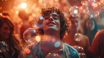 A young person at a party with a lot of atmosphere and soap bubbles. Concept: happiness, enjoyment, fun - obrazy, fototapety, plakaty