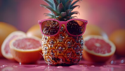 Pineapple with glasses isolated on pink background. Tropical pineapple fruit on simple background...