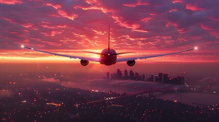 Rear view of a plane in mid-flight with the city at sunset below. Concept: flight, travel