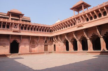 Red sandstone medieval architecture, structure with intricate carving, Red Fort, Agra, Uttar...