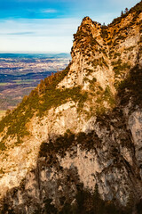 Alpine winter view with the city of Salzburg in the background at Mount Predigtstuhl, Bad Reichenhall, Berchtesgadener Land, Bavaria, Germany