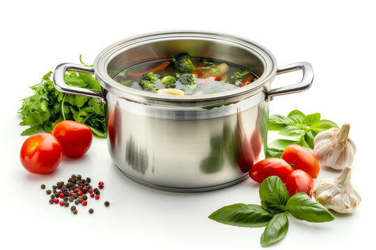 Silver chrome pot with soup with ingredients next to it, fresh green basil, pepper, tomatoes, garlic isolated on white background close up, fornt view
