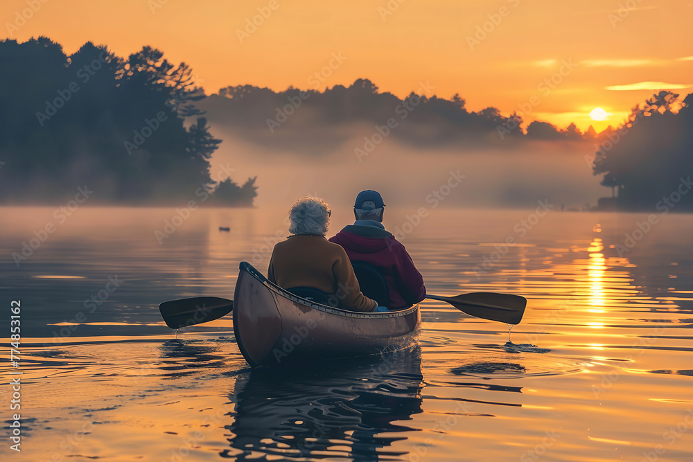 Poster relderly couple on a canoe