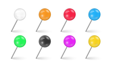 Sewing needle or plastic push pins tacks for paper notice. Set of colorful push pin tack in different foreshortening isolated on transparent background. Realistic thumbtacks. Vector illustration.