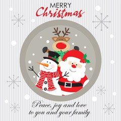Christmas card design with cute santa, snowman and reindeer