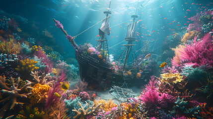 A sunken pirate ship turned coral reef, underwater 2D scene - obrazy, fototapety, plakaty