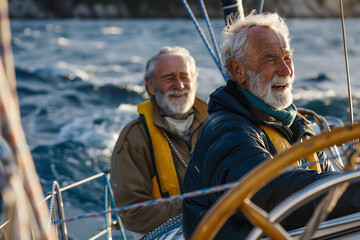 elderly friends make a trip on a boat