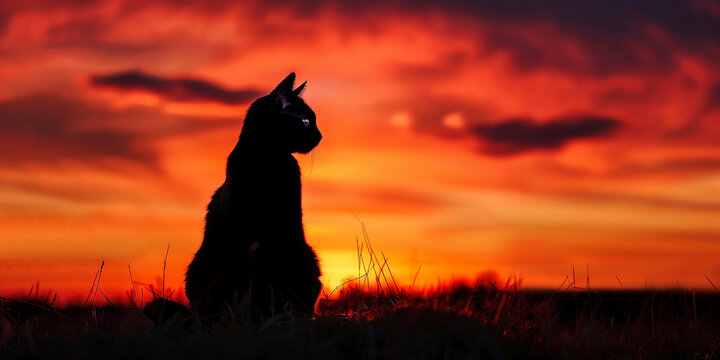 A Siamese cat outlined against a vibrant sunset sky, its silhouette highlighted by the fiery hues of the evening horizon 