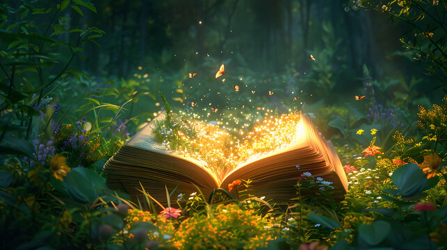 Fairy tale book that opens to a magical world, 2D illustration style