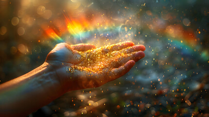Colorful glitter rainbows on hand. Sunshine and Rainbows in a reality where a spell to make everyone happy works