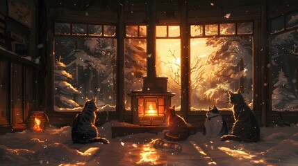 A cozy living room with a burning fireplace surrounded by Christmas decorations and a Christmas tree, radiating warmth and tradition - obrazy, fototapety, plakaty