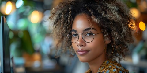 A visually impaired employee using a computer at a diverse workplace. Concept Technology Accessibility, Visual Impairment, Diverse Workplace, Inclusive Environment, Assistive Technology
