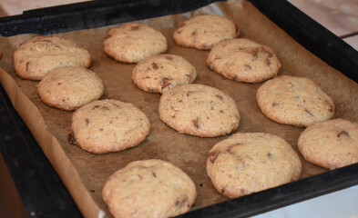  Chocolate chip cookies on a tray. Homemade cookies with chocolate