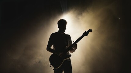 Silhouetted guitar player performing on stage under dramatic lighting at night, smoky background, 