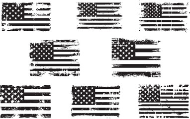 Grunge American flag designs in black and white representing concepts of patriotism, history, and national pride in a grunge artistic style